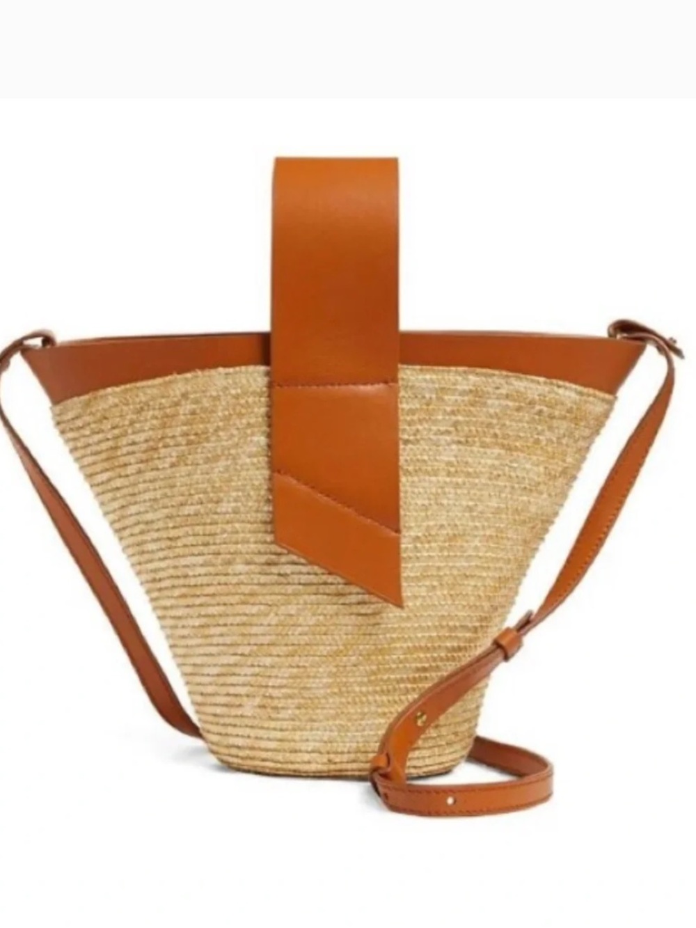 Leather-Trim Straw Bucket Crossbody Bag in Tan - Picture 2 of 11